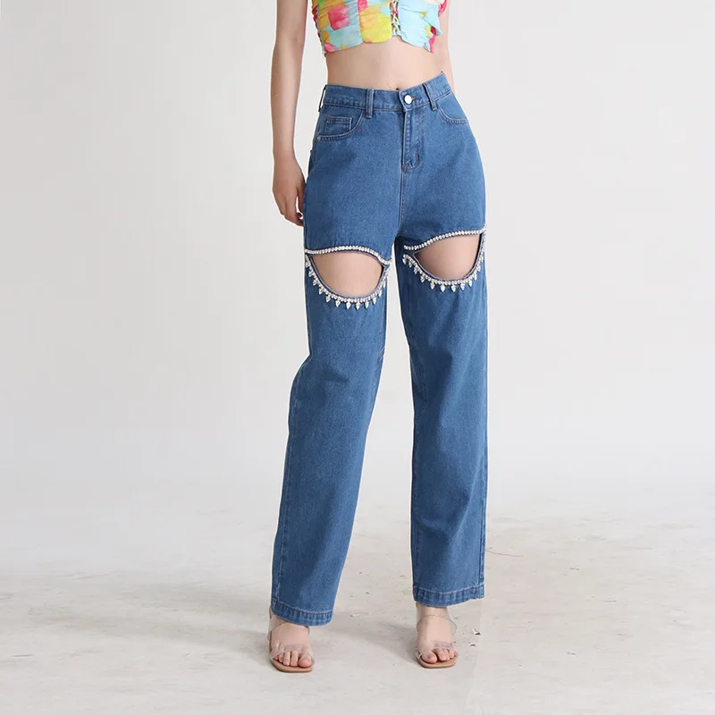 

Beading Diamond Hollow Out Design Straignt Jeans Women High Waist Loose Casual Wide Leg Denim Pants s648