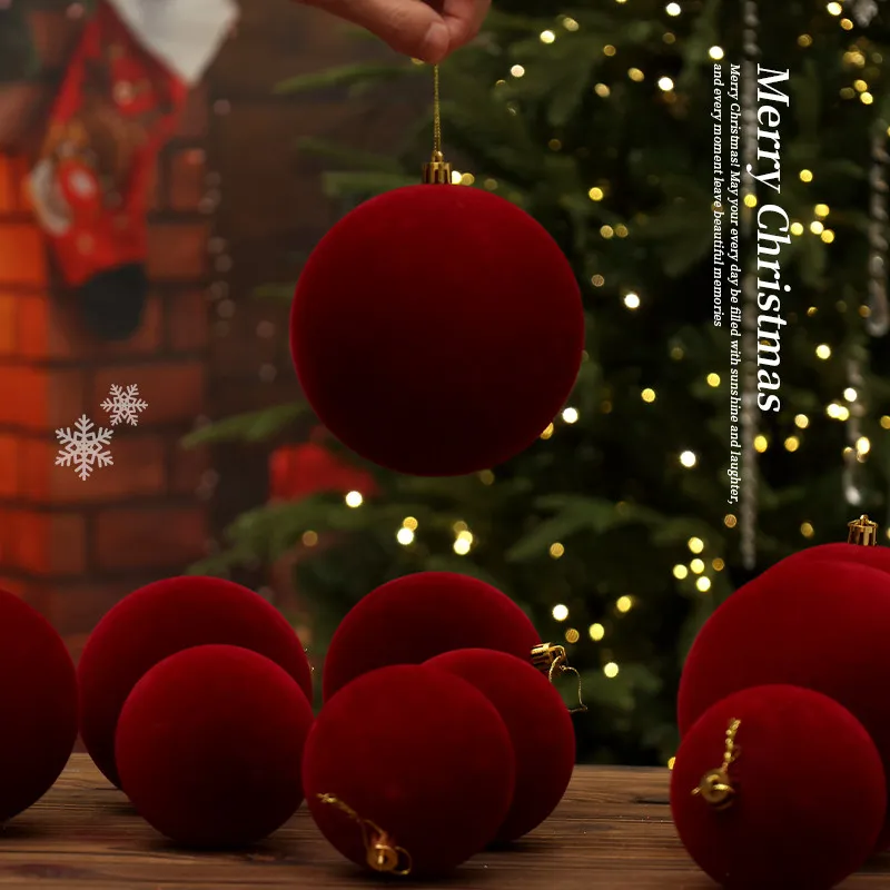 Soft Flocked Surface Red Ball Ornaments Classic INS Decor for Layered Hanging Arrangement on Home Christmas Tree