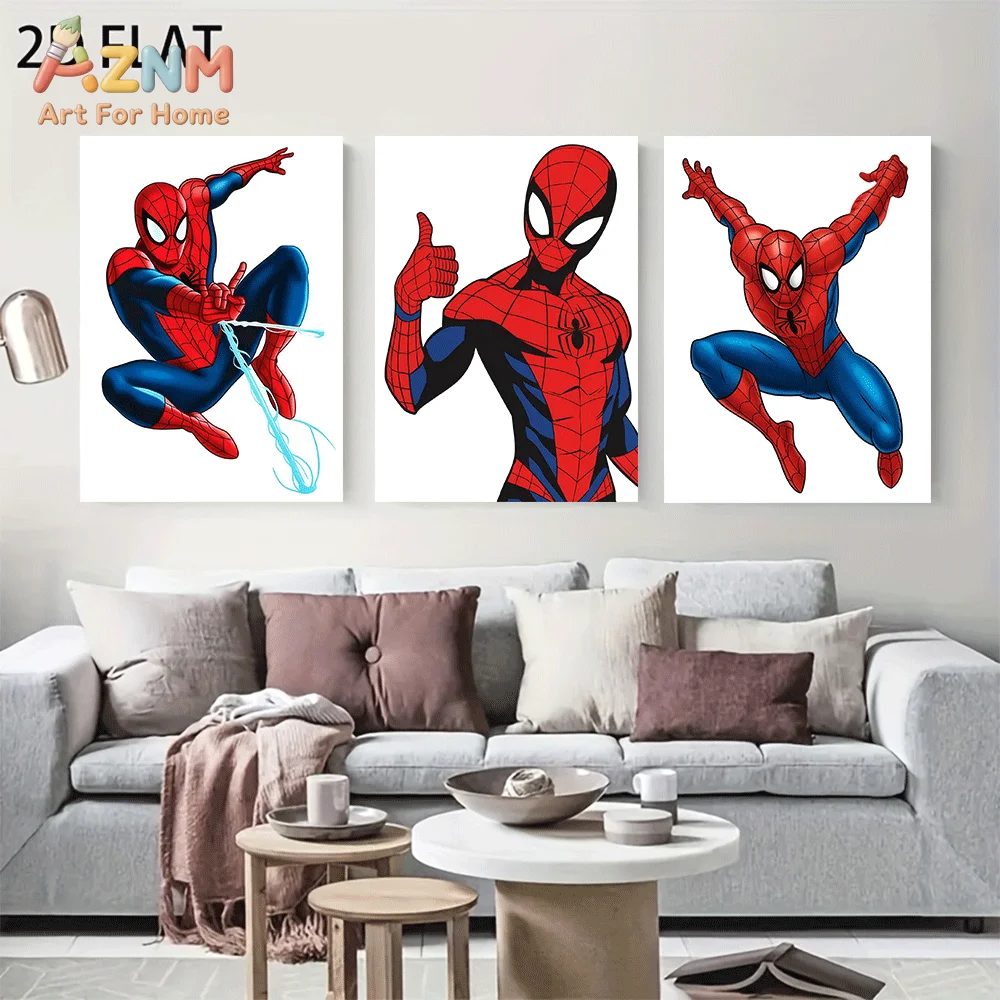 AZNM Cartoon Spider-Man Canvas Wall Art Frameless Poster White Background Superhero Action Pose Print Kids Boys Bedroom Decor