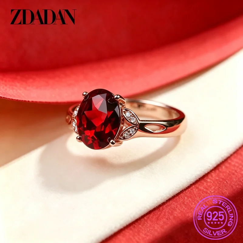 ZDADAN 925 Sterling Silver Oval Red Zircon Open Adjustable Ring For Women Fashion Jewelry