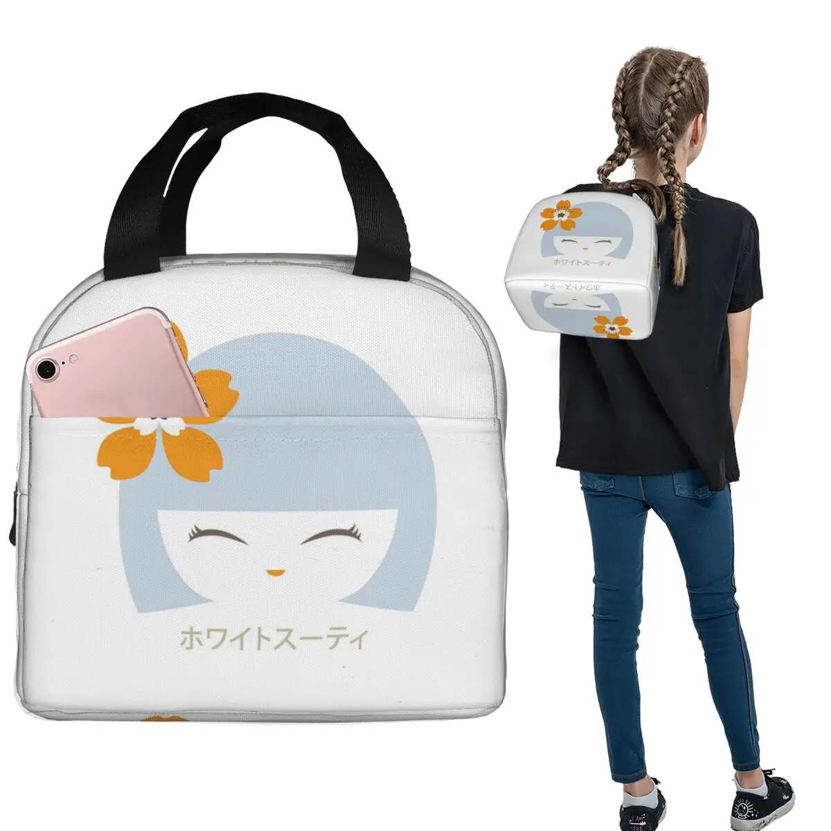 

Кукла Kokeshi Sakura Face, пастельные сумки для обеда, изолированная коробка для бенто, водонепроницаемая сумка для обеда, многоразовые сумки для пикника для женщин, детей, школы