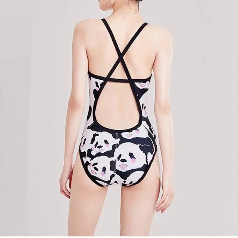 One-piece Panda Swimsuit for Women Peach Plaid Classic Training for Racing Slim Swimwear Professional Spice Girl Bathing Suit