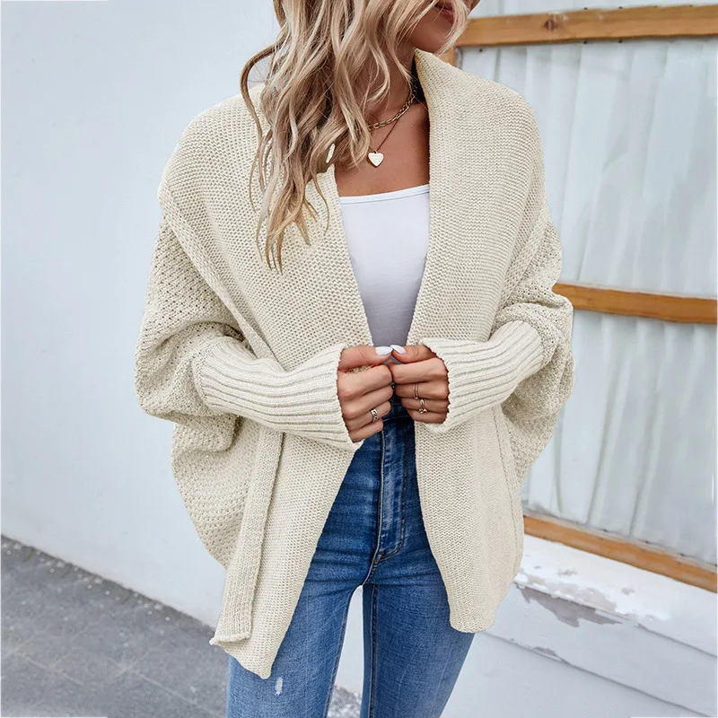 Women Autumn and Winter Fashion New Scarf Collar Cardigan Sweater Solid Color Leisure Versatile Mid-length Batwing Sleeve Coat