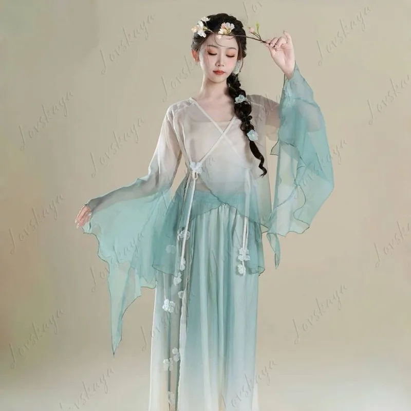 بدلة ممارسة أداء الرقص الكلاسيكي الجديد مع نسيج حريري متدرج متدفق - فستان أداء الرقص الصيني