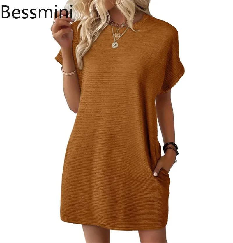 

2025 Fashion Casual Solid Color Women Wrinkled Dress Summer V Neck Pullover Short Sleeve Dresses Female Beach Style Loose Gown