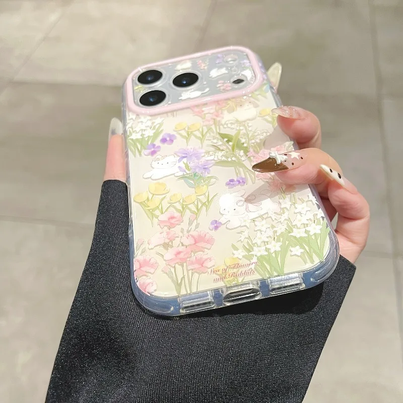 Fresh Flower Rabbit Cat Pattern Shockproof Phone Case For iPhone 11 12 13 14 Pro 15 16 17 Pro Max Cartoon Protection Back Cover - view 5