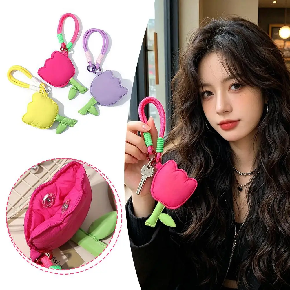 Puffy Tulip Bag Charm Keychain Kawaii Floral Pendant for Handbag Backpack Earphone Case Keyring Accessory Women Girl Gift