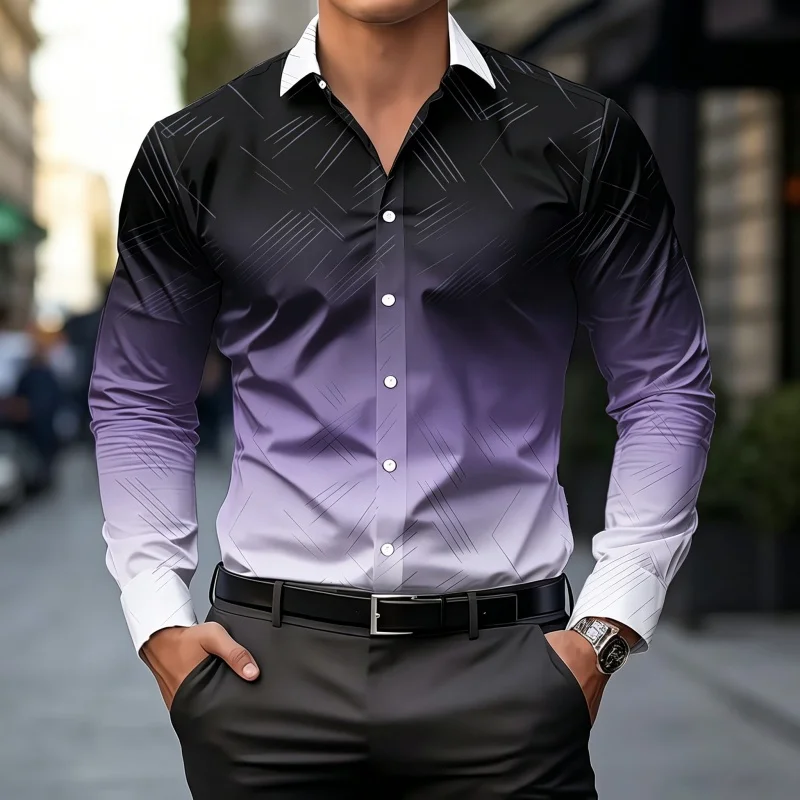 Men's shirt new color gradient geometric lines men's long sleeved shirt business slim fit lapel comfortable men's clothing