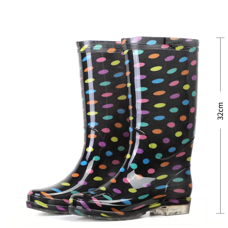 

Rouroliu Women Polka Dot Rainboots PVC Waterproof Water Shoes Wellies Non-Slip Warm Knee-High Rain Boots Woman RT346