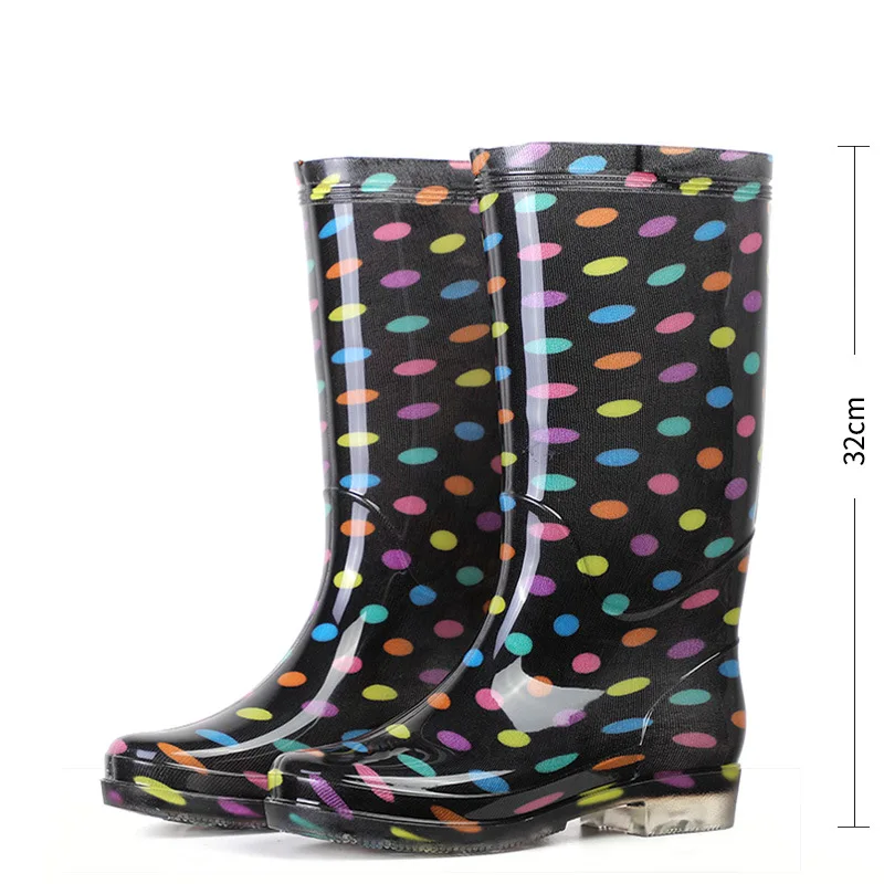 Rouroliu Women Polka Dot Rainboots PVC Waterproof Water Shoes Wellies Non-Slip Warm Knee-High Rain Boots Woman RT346