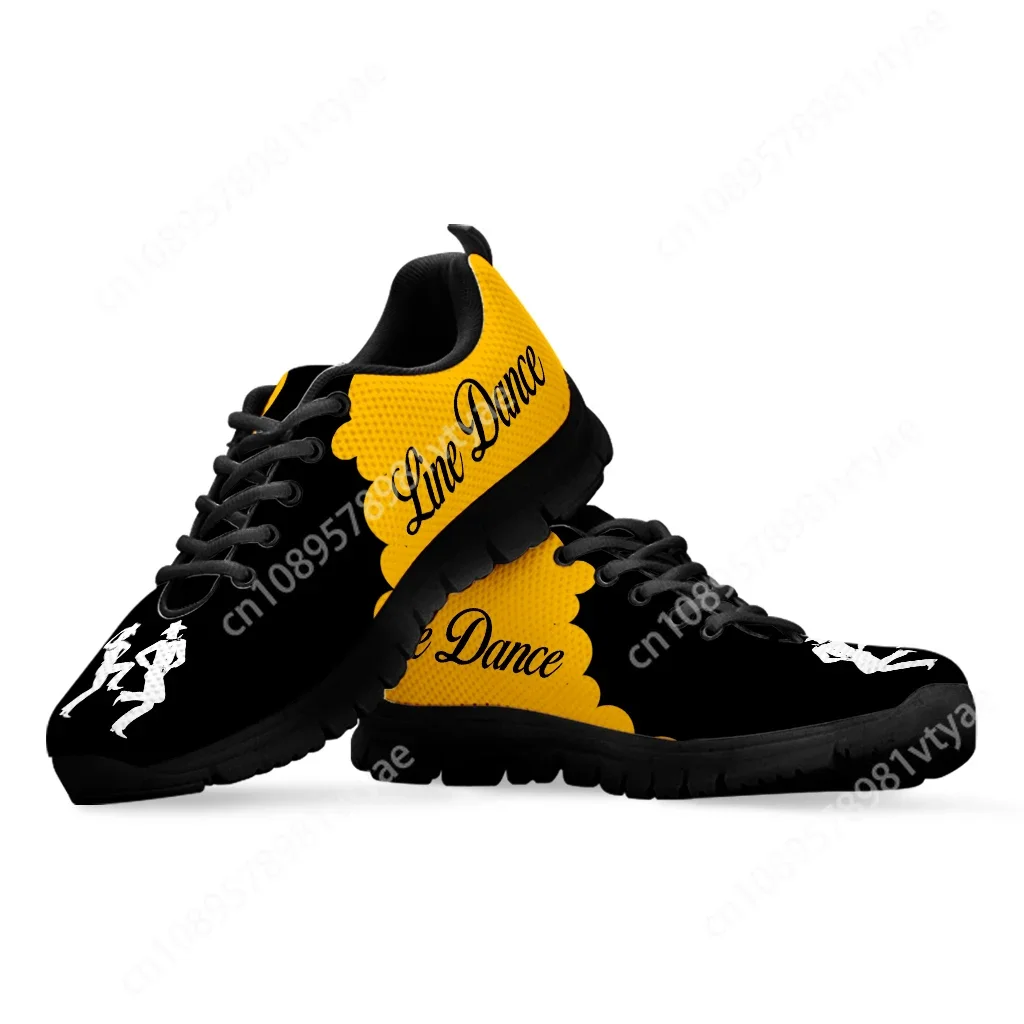 Custom Made Yellow And Black Color Contrast Design Line Dance Sneakers Comfortable Breathable Shoes Knitted Shoes Zapatos Planos