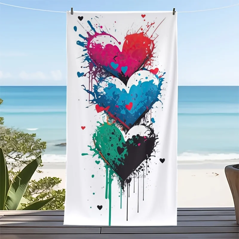 Colorful heart-shaped graffiti design polyester microfiber beach towel is highly absorbent, suitable for swimming beach outings