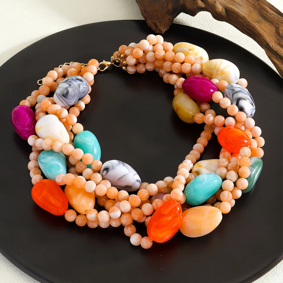 Bohemia Multilayer Colorful Beaded Charm Necklace For Women,Handmade Statement Clavicle Chain,Elegant Resin Beads Neck Jewelry