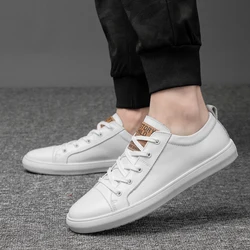 Men Little White Shoes 2024 New Lace-up Simple and Fashionable Casual Sneakers Versatile Leather Shoes Elevated Male Board Shoes