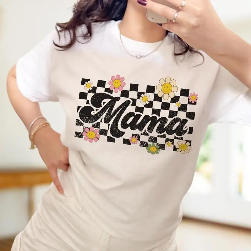 Retro Mama Checkered Floral T Shirt Trendy Mom Vintage Aesthetic Mother'S Day Cute