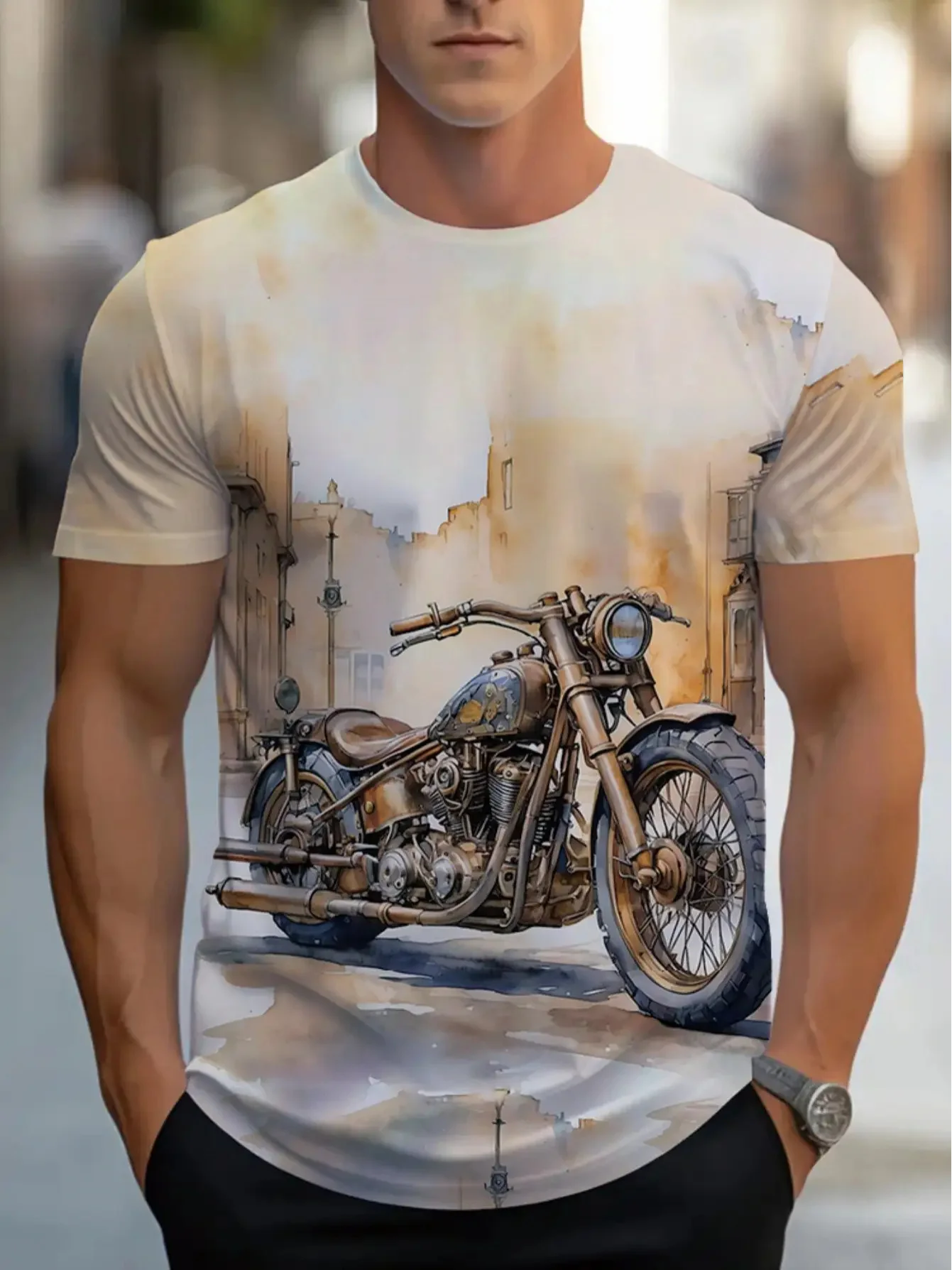 

Men's Vintage Motorcycle T-Shirt Watercolor Motorcycle Print Short Sleeve Breathable Soft Retro Design Oversized Men's Clothing