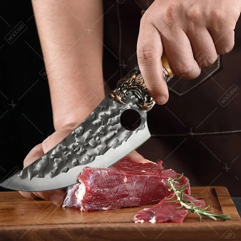 WXCOO Handmade Forged Butcher Knife Powerful Chopping Meat Bone Kitchen Knife with Cover Meat Cutting BBQ Lamb Knife Thick Blade