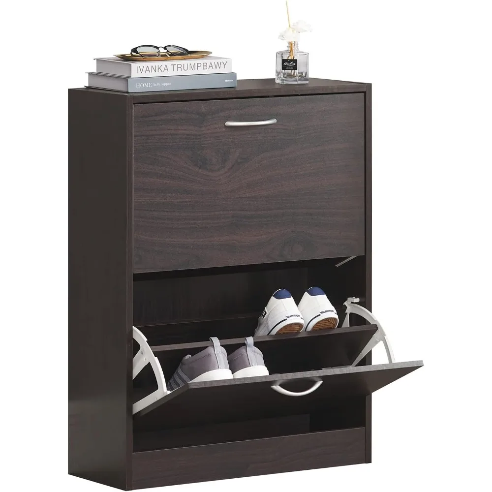 

Narrow Shoe Cabinet for Entryway, Slim Freestanding Shoe Rack with 2 Flip-Drawers, Hidden Storage Shoe Organiazer