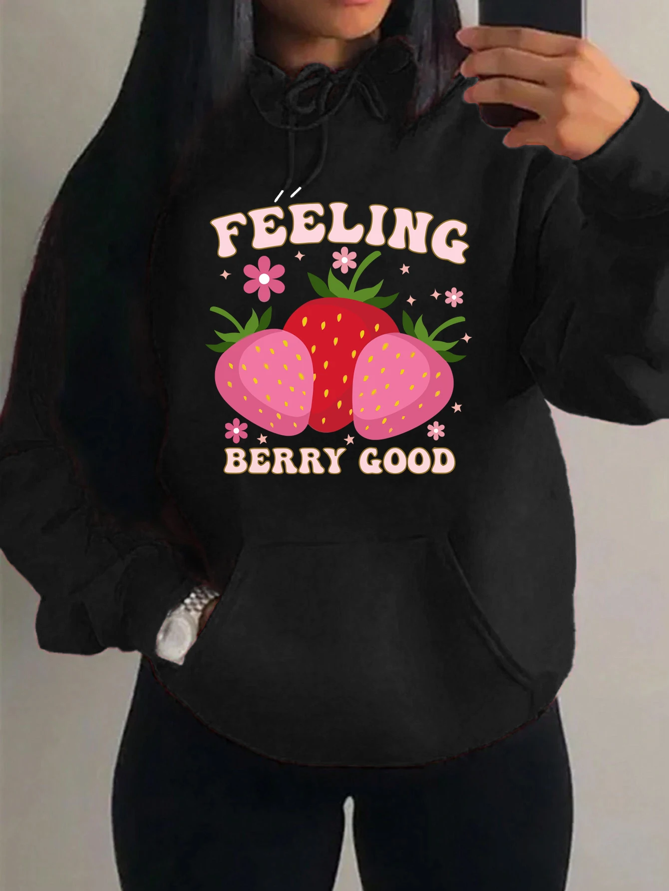 

Feeling Berry Good Cartoon Strawberry Printed Women Hoodies Fashion Loose Hoody Casual Fleece Y2K Womenswear Harajuku Soft Top