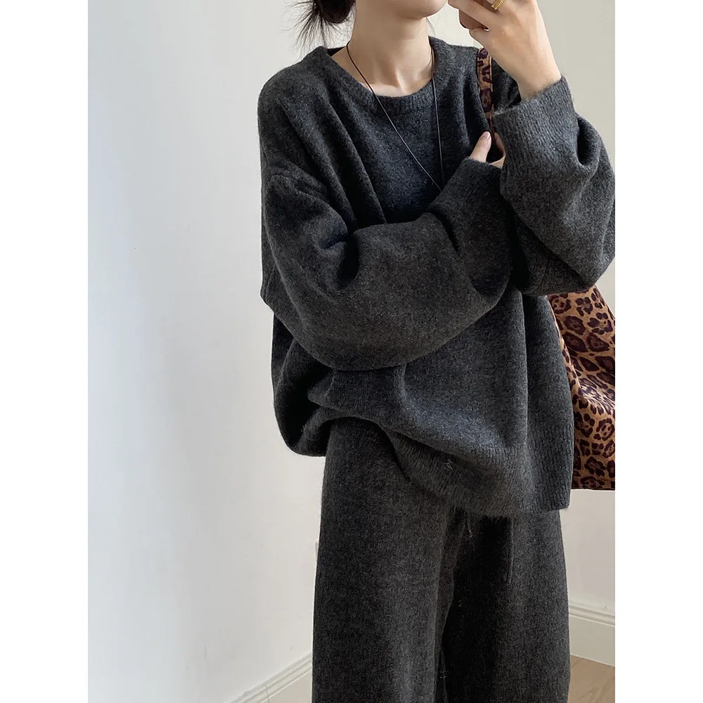 Suéter suelto suave para mujer Otoño Invierno Casual pantalones largos de punto conjunto de dos piezas
