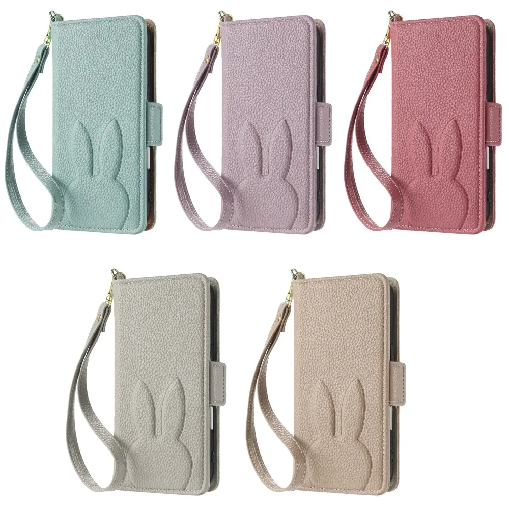 

Solid Color Embossing Rabbit Flip Phone Cover for iPhone Air 17 16 15 14 13 12 11 Pro Max 7 8Plus XS Max XR with Wrist Strap