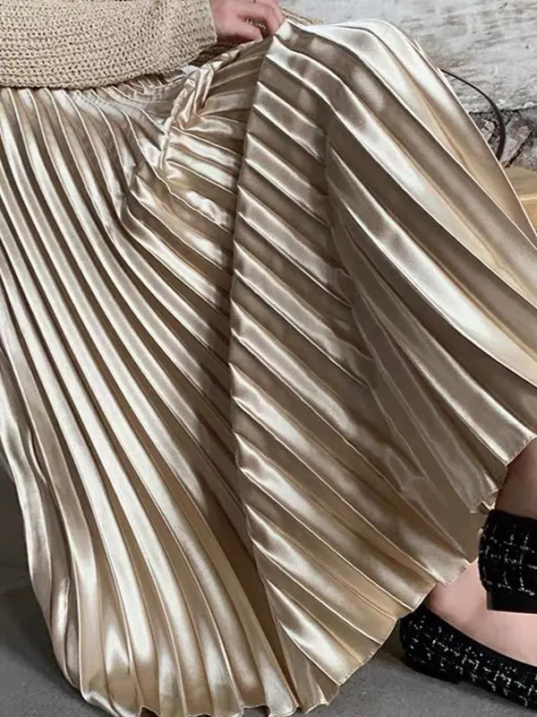 

Elegant Pleated Midi Skirt Women's Thin High Waist Fashionable Accordion Mid-Length Skirt Korean Style Commute Polyester