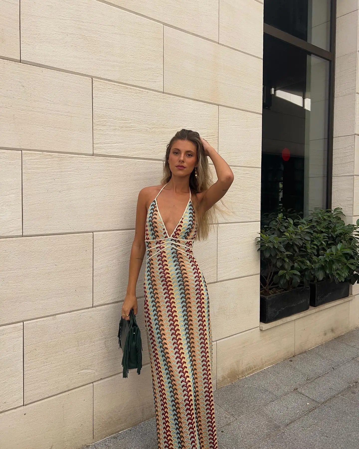 

Sexy Women Halter Sleeveless Deep V Neck Maxi Dress Elegant Backless Slim Printed Vestdios 2025 Summer Chic Beach Vacation Robes