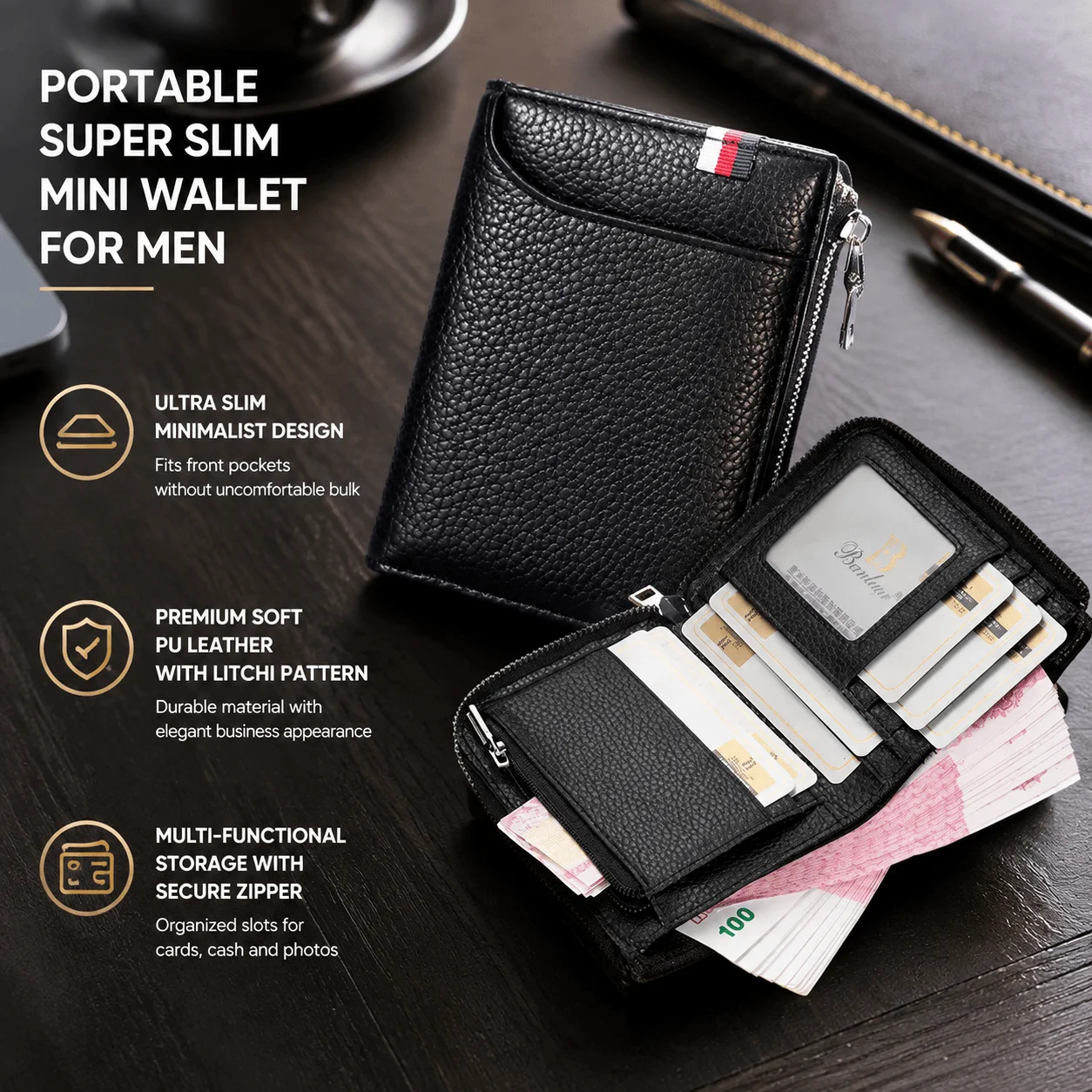 Slim Wallet Men Minimalist Card Holder PU Leather Thin Front Pocket Business Credit Card Holder Zipper Secure Travel Money Clip