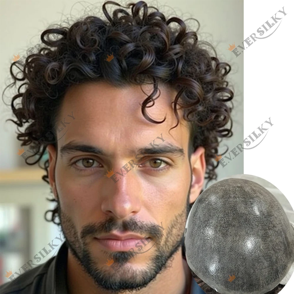 

26mm Curly Super Long Last Thin Skin PU #1B #2 #4 Black Brown Hair Natural Hairline Men's Toupee Human Hair Managable Capillary