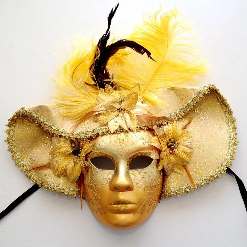 

Luxury Elegant Carnival Full-Face Mask, Large Brim Princess Mask with Hand-Painted Feathers for Masquerade Balls and Formal