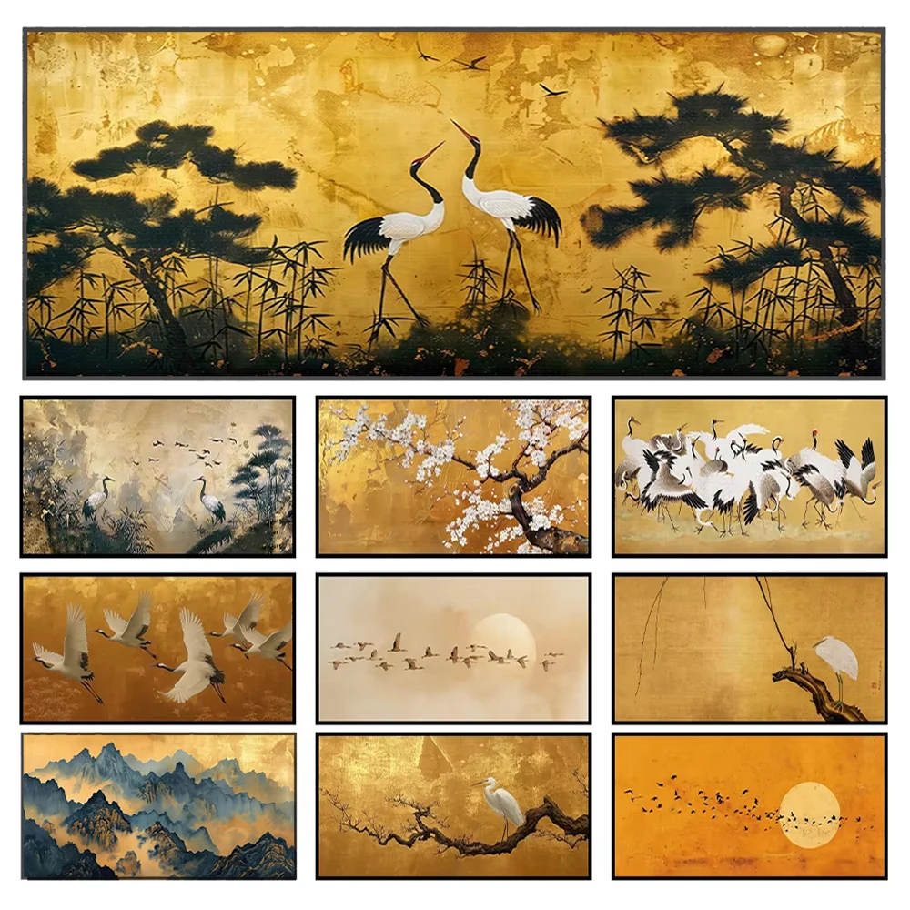 Bambus- und Kranich-Landschaft Leinwandgemälde Dekor Japanische Goldene Minimalistische Leinwandkunstdrucke Vollmond und Vögel Wandkunst Poster – Detail 2