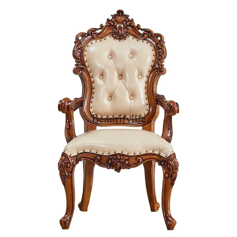 

European solid wood leather dining chair neoclassical hotel home tea study armchair