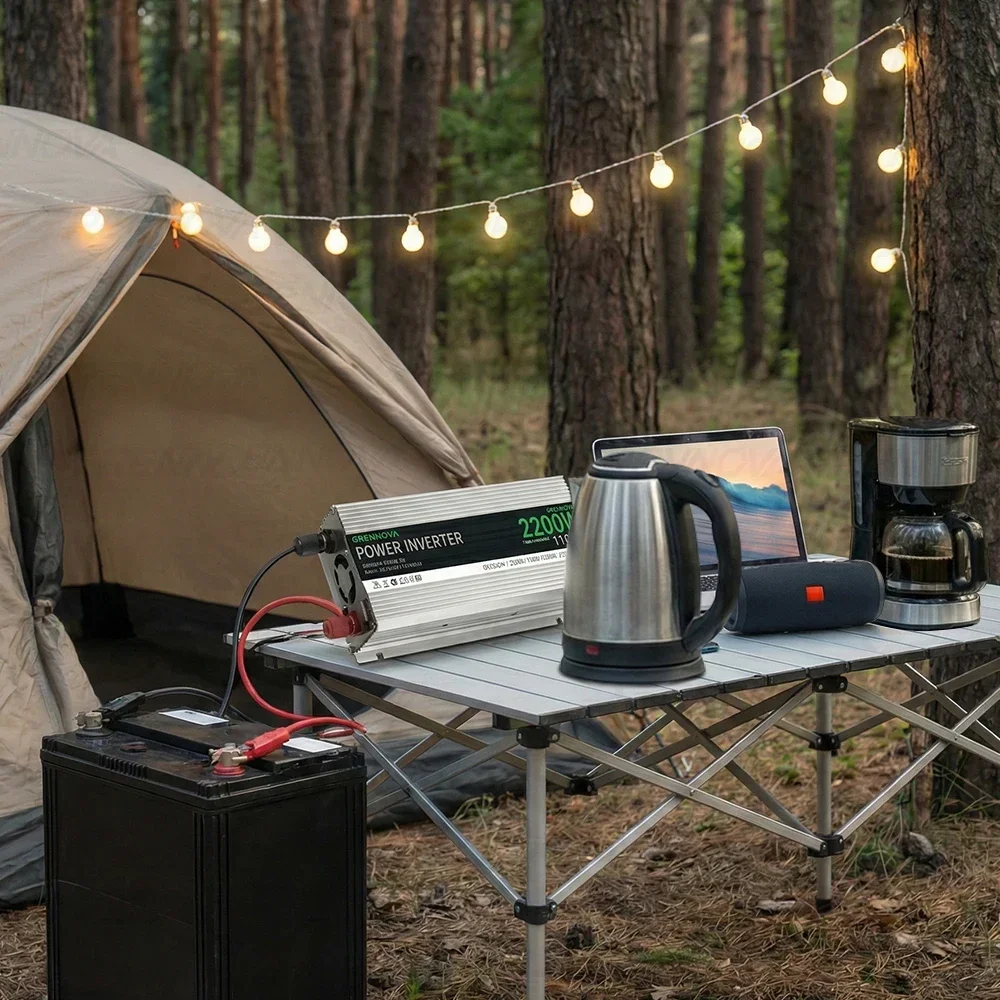 Grennova 2200W Solar Inverter (DC 12V/24V/48V to AC 110V/220V) for Flexible Solar Panel System USB Perfect for Van Life Off-Grid