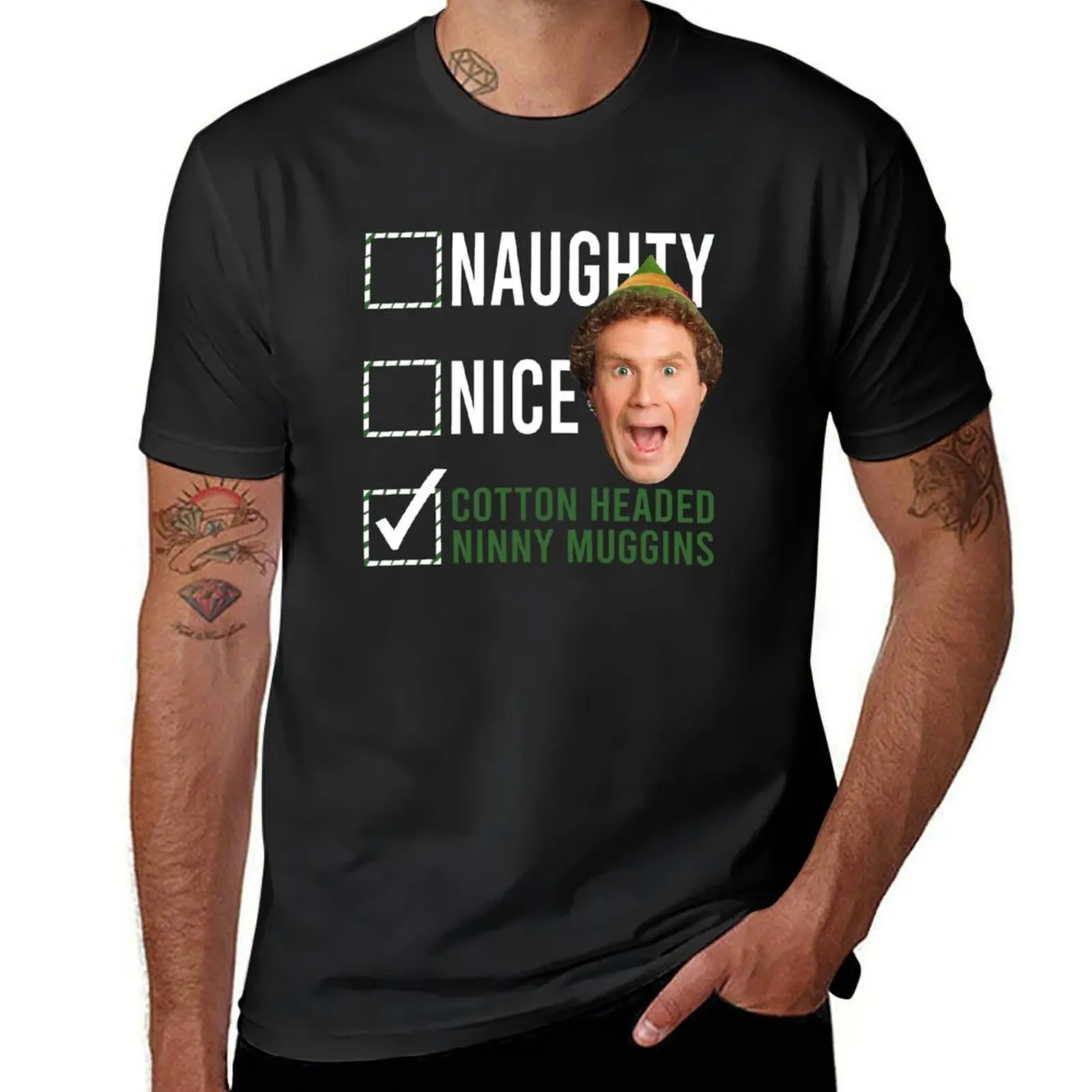 Elf Naughty Nice Cotton Headed Ninny Muggins T-Shirt summer clothes vintage men t shirt