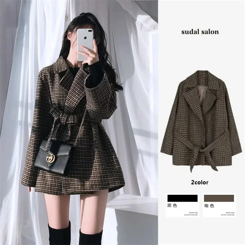 Pop Pop 2025 Winter New Korean Version Of The Plaid Woolen Female Coat Women Small Casual Suit Mid-Length Waist-Length Coat For