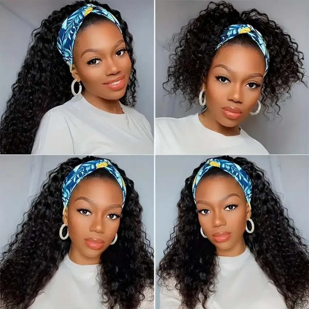 Kinky Curly Headband Wig Human Hair 180% Density Water Wavy Wigs for Black Women Natural Curls Glueless Human Hair Wigs 