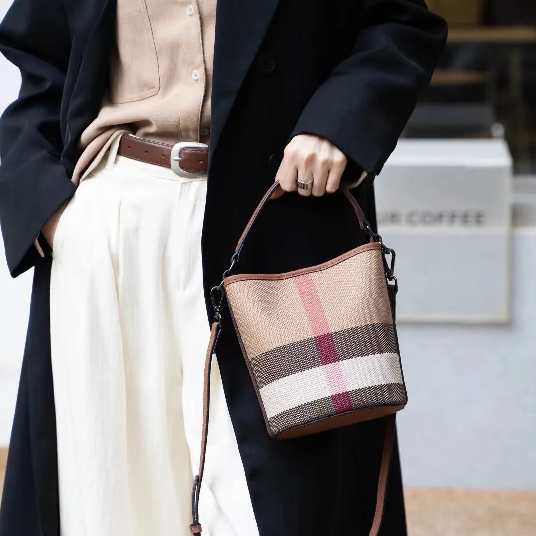 

Premium Leather & Plaid Canvas Bucket Bag 2025, Convertible Multi-Way Tote for Women, Spacious Shoulder & Crossbody Purse