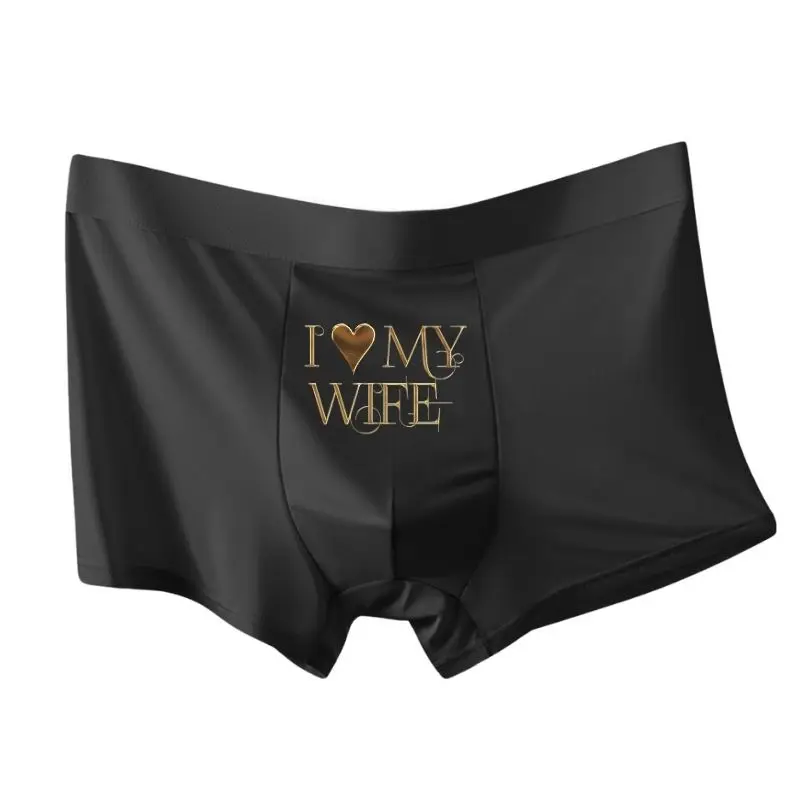 Celana Boxer Pria Motif Emas Romantis 'I LOVE MY WIFE' 1 Buah Ekspresi Kasih Kasual Sehari-hari Bahan Lembut dan Bernapas