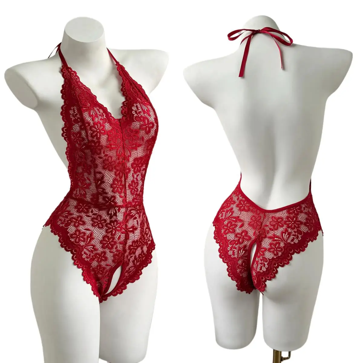 Elegant Classic Red Flower Transparent Lace Jumpsuit V-neck Hanging Neck Sexy Lingerie Seductive Backless Open-crotch Teddy Doll