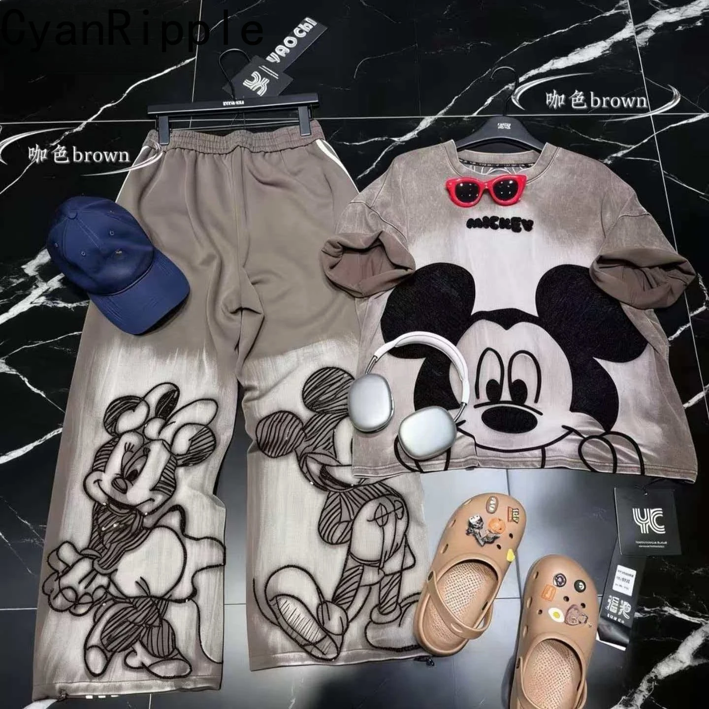 

Fashion Women Two-piece Sets Cute Mickey Printed Loose Short Sleeve T-shirt Top + Elastic Waist Straight Pants Homewear Set