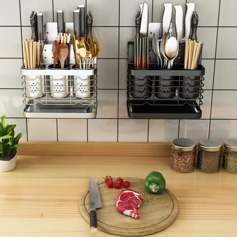 

304 Stainless Steel No Drilling Wall Mount Kitchen Storage Rack Knives Holder Cutlery Box Utensils Organizer Tableware Container