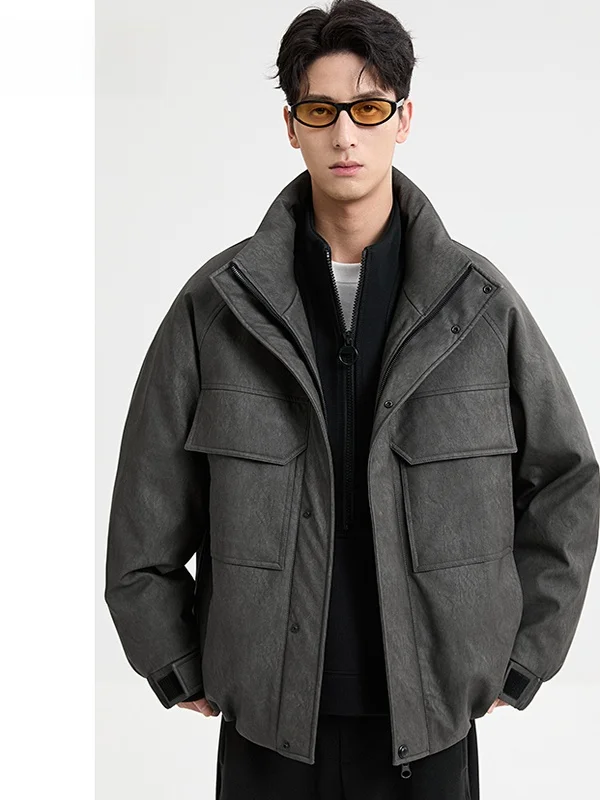 

Высококачественная мужская легкая утепленная куртка с множеством карманов из искусственной кожи, теплая, короткая, зимняя, новинка