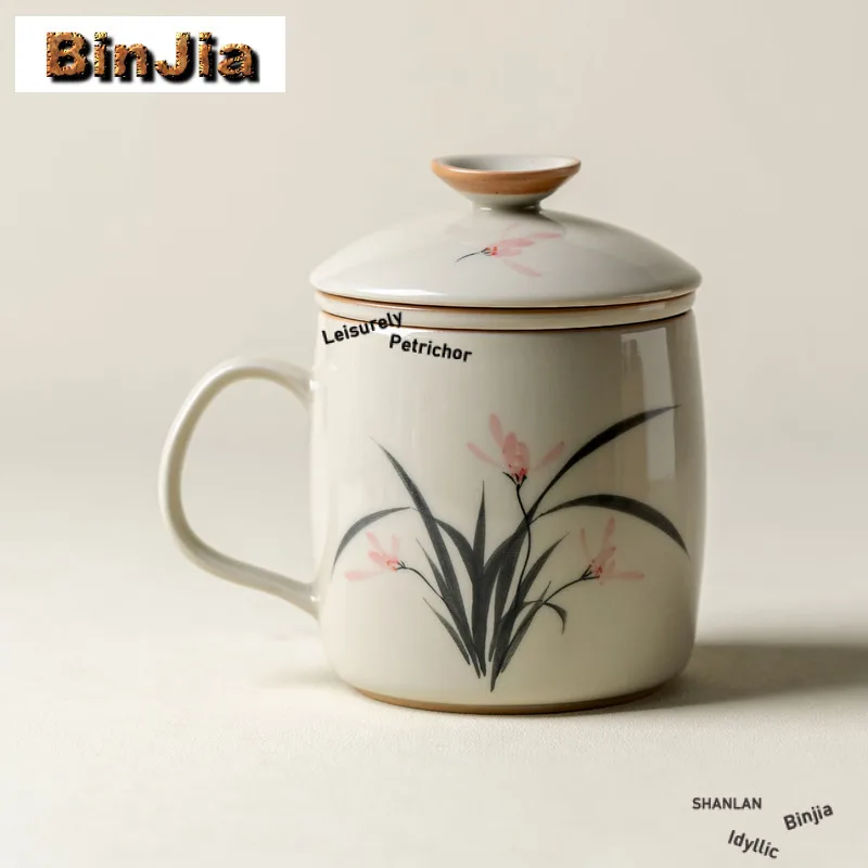 

340ml Hand-painted Orchid Filter Tea Separator Cup Aesthetic Tea Mug With Infuser Tea Maker Office Water Cup Tea Services Gift