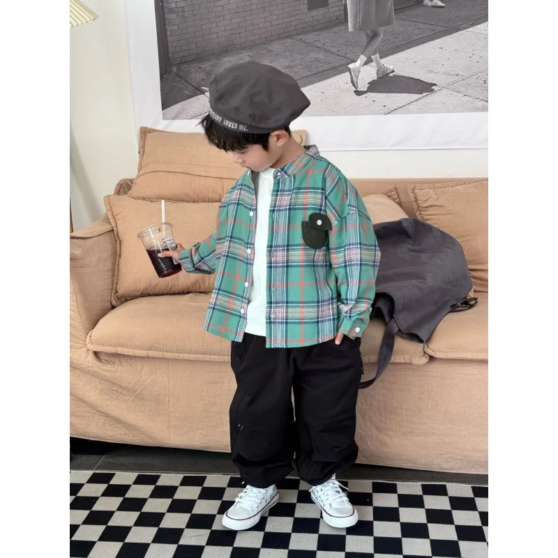 2024Spring Boys' Plaid Shirt Long Sleeve Middle and Big Children's Spring Clotheskids shirtChildren's ShirtAis