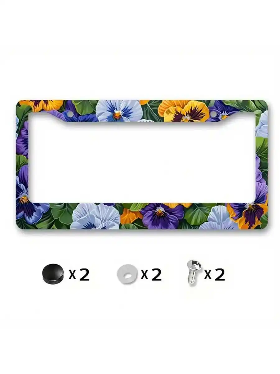 1pc Floral Metal License Plate Frame - Water Resistant & Rust Proof, Easy To Clean, Includes Hardware - Decorative Pansy Design