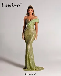 Aso Ebi Arabic Evening Dress Green Beaded Off Shoulder Mermaid Prom Dress Sequined Party Engagement Gowns Dresses Robe De Soiree