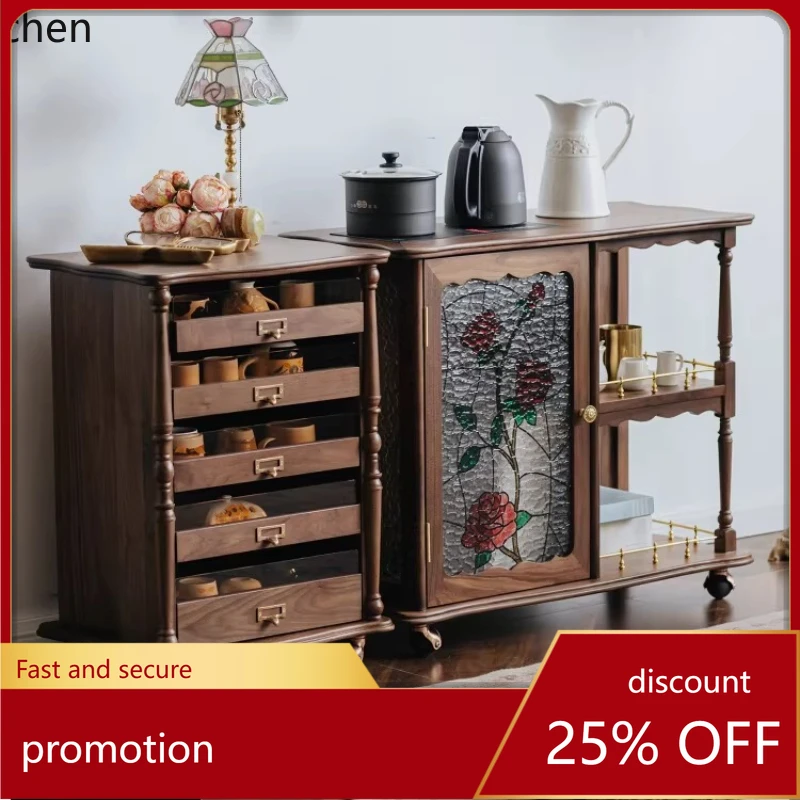 

Hxl tea cabinet - black walnut mobile tea table sideboard with integrated kettle