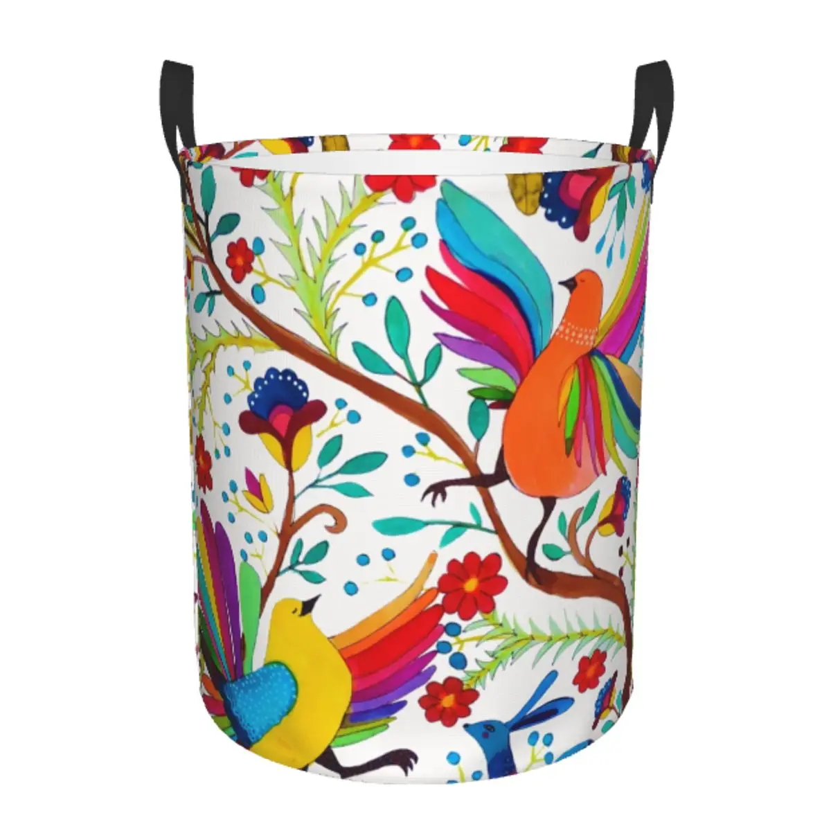 Custom Mexican Otomi Flowers Amate Laundry Basket Foldable Large Clothes Storage Bin Mexico Textile Baby Hamper