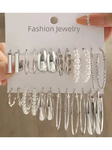 24 Pcs Vintage Silver Color Y2K Pearl Earrings for Women Geometry Round Circle Square Hoop Earring Set Fashion Female Jewelry