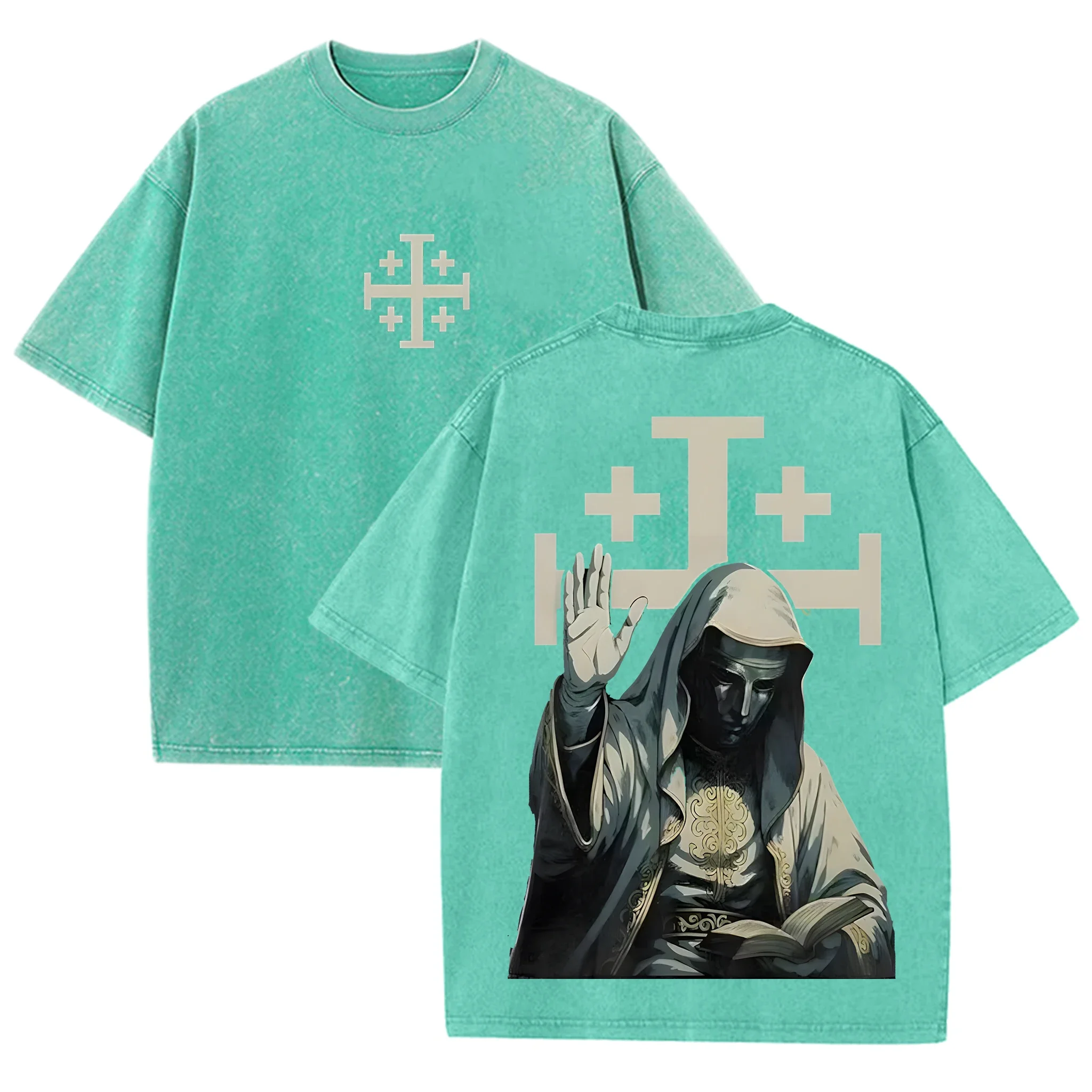 Double Sided Jerusalem Cross Chest Dark Saint Mary Reading Bible Cross Back Print Gothic Religious Streetwear Short Sleeve Tee